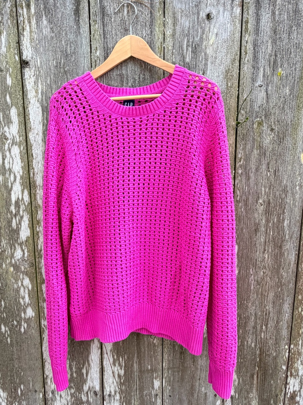 GAP Women's Bright Fuchsia Crochet Crewneck Sweater